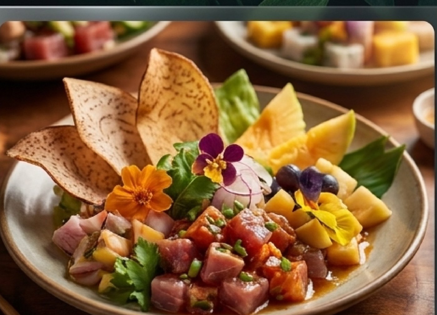 Artisan Hawaiian ceviche plate with tropical fruit